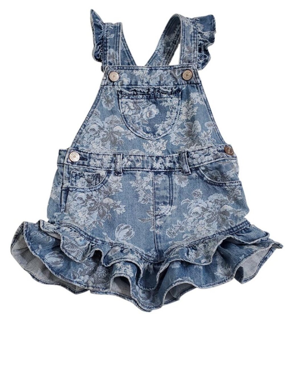LoveShackFancy x Gap Toddler Girl Denim Skirtall Dress Size 3 Blue Floral Ruffle